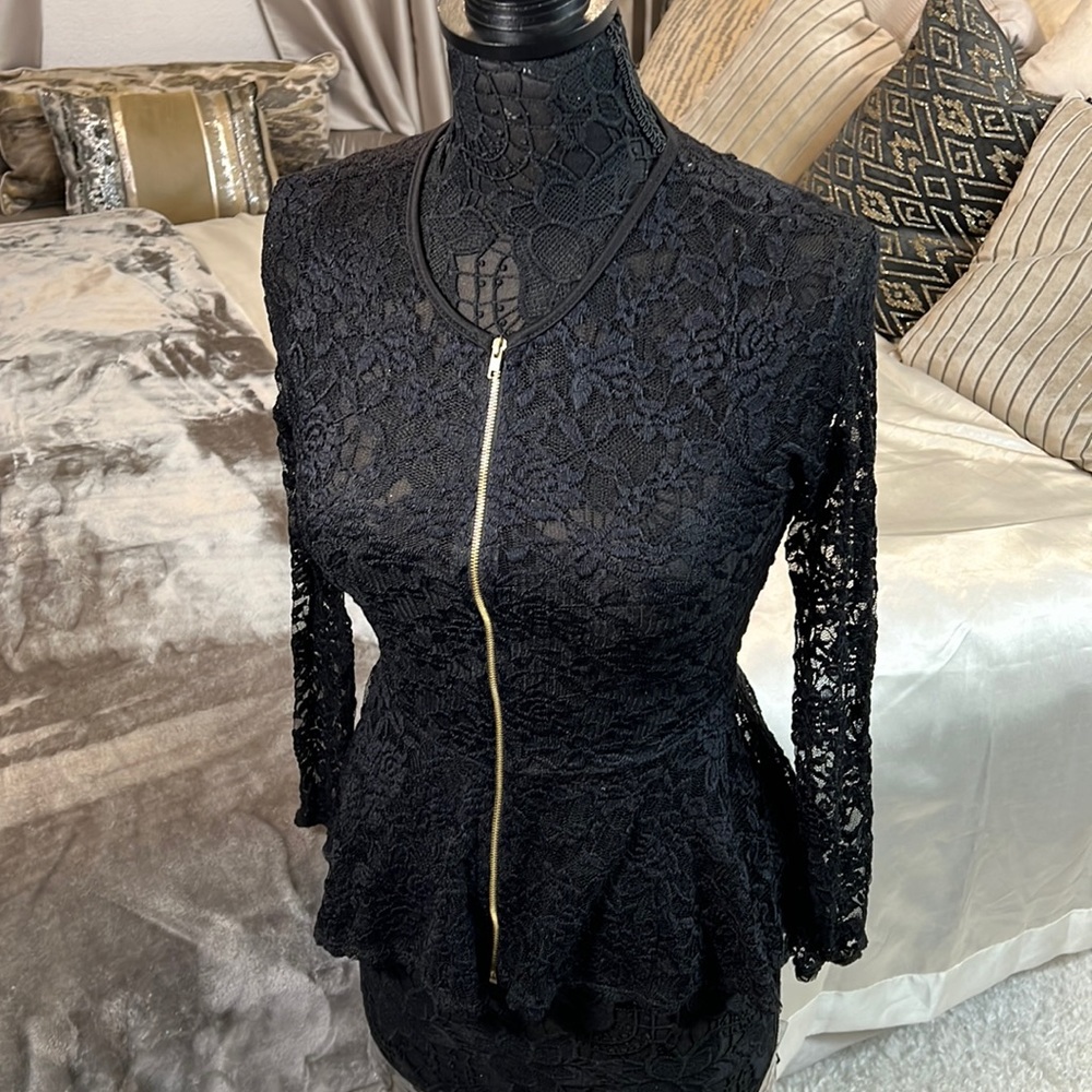 Shop WTD Black Floral Lace Long Sleeve Top with front Zipper